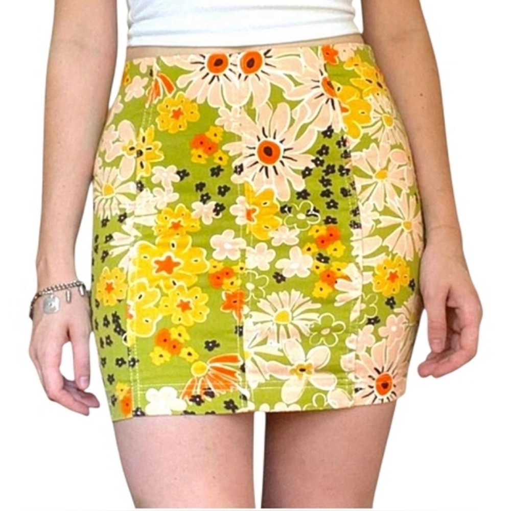 Free People Floral Denim Mini Skirt in Green and Yellow Size 4